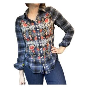 Johnny Was Floral Embroidered Cotton Gauze Button Down Plaid Shirt Blue Pink S
